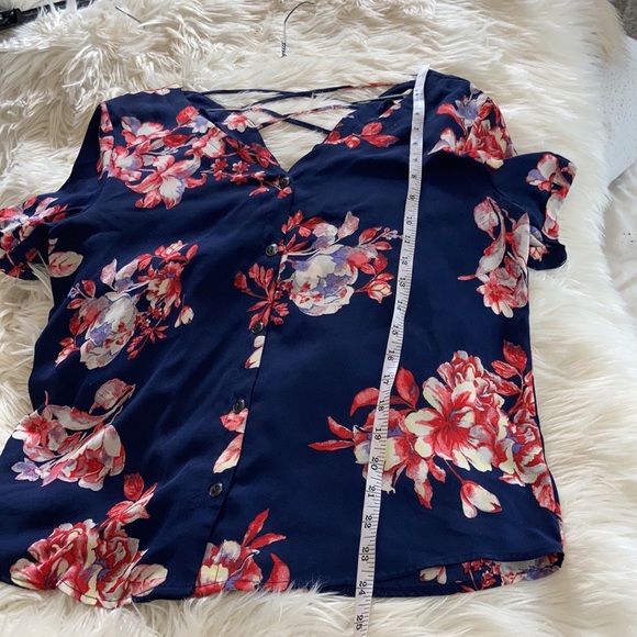 Sandy & sid floral navy pink short sleeve open stringy back blouse top shirt - Picture 16 of 17
